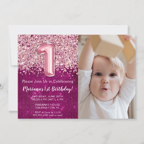 Photo Magenta Pink Glitter 1st Birthday Invitation