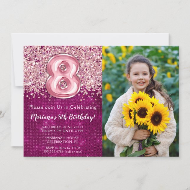 Photo Magenta Pink Glitter 8th Birthday Invitation (Front)