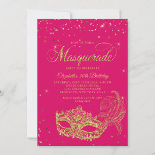 Photo Magenta Pink Gold Masquerade Birthday Invitation