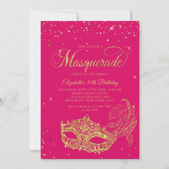 Photo Magenta Pink Gold Masquerade Birthday Invitation (Front)