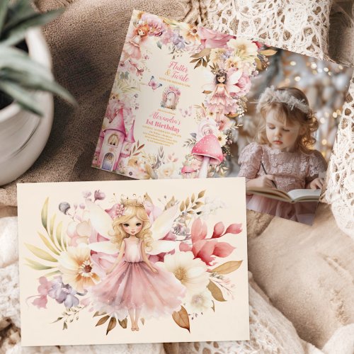 Photo Magical Fairy Floral Garden 1st Birthday Invitation