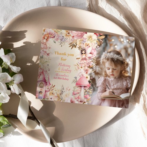 Photo Magical Fairy Floral Garden 1st Birthday Thank You Card