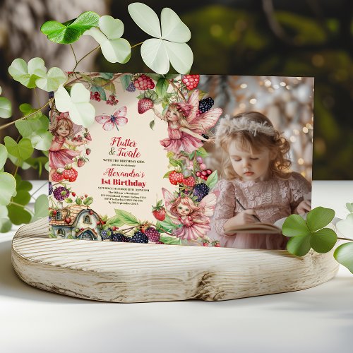 Photo Magical Fairy Strawberry Garden 1st Birthday Invitation