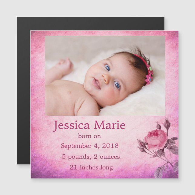 Photo Magnet Baby Birth Announcement Baby Girl (Front/Back)