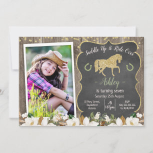 Photo Magnolia Floral Glitter Horse Birthday Invit Invitation
