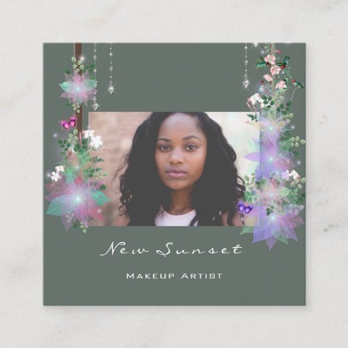 Photo Makeup Artist Eyelash Green Brows Florals Square Business Card