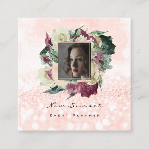 Photo Makeup Artist Wedding Event Floral Mint Pink Square Business Card