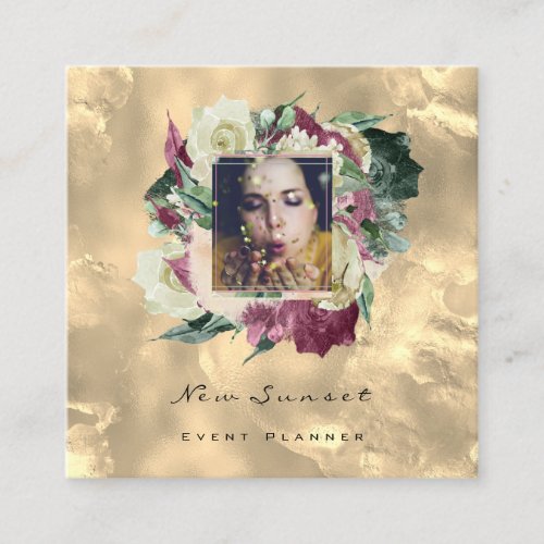 Photo Makeup Blogg Event Planner Floral Gold Rose Square Business Card