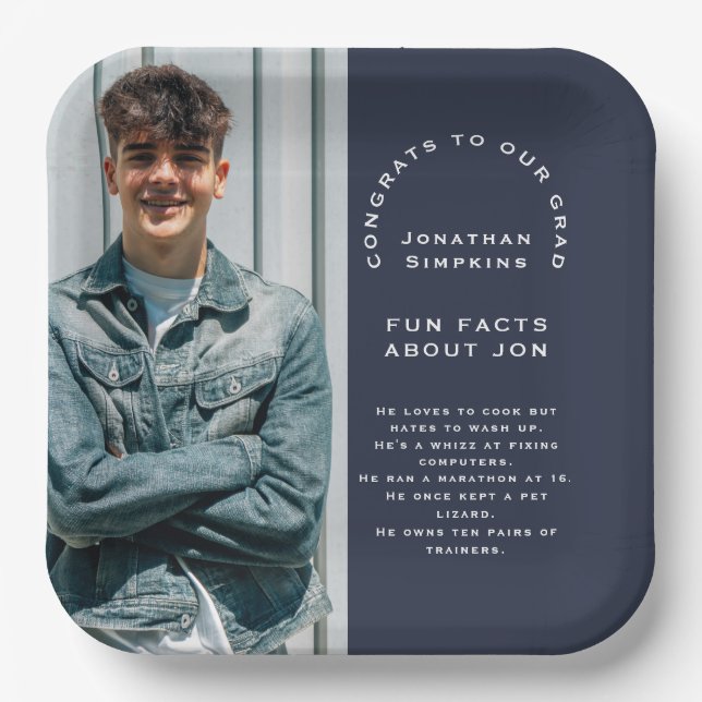 Photo Male Congrats Grad 2025 Party Navy Fun Facts Paper Plates (Front)