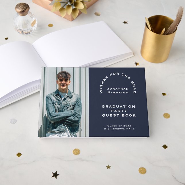 Photo Male Graduation 2026 Party Navy Guest Book (Front Open)