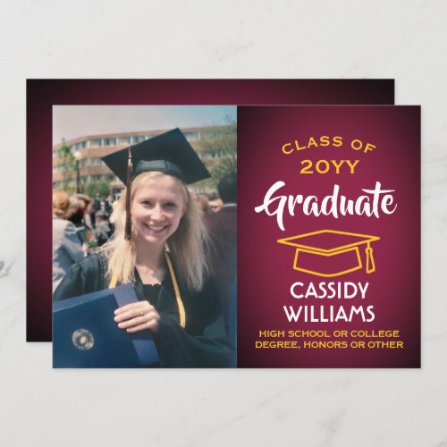 Photo Maroon Gold Burgundy Red Yellow Graduation Invitation