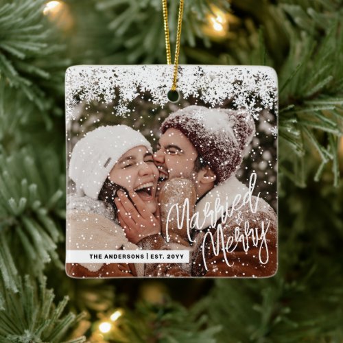 Photo Married Merry Newlyweds Christmas Holiday  Ceramic Ornament
