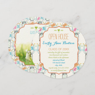 Photo Mason Jar Pink Coral Aqua Floral Graduation Invitation
