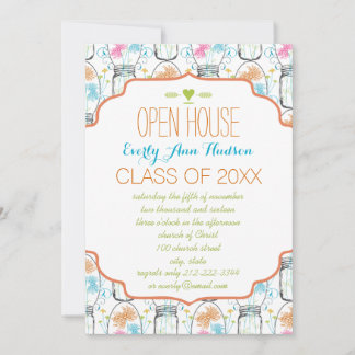 Photo Mason Jar Pink Coral Aqua Floral Graduation Invitation