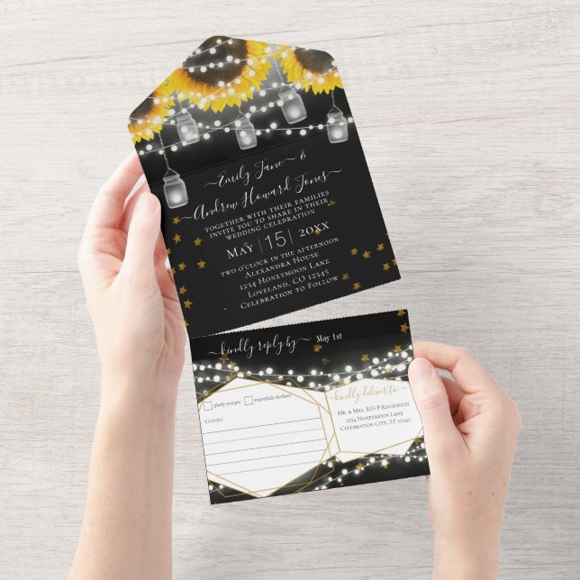 Photo Mason Jar Sunflower Gold Stars Wedding All In One Invitation (Tearaway)
