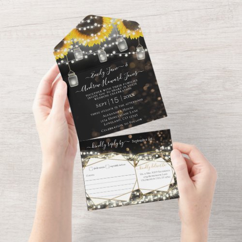 Photo Mason Jar Sunflower Yellow  Gold Wedding All In One Invitation