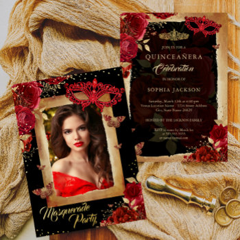 Photo Masquerade Party Quinceanera Red Rose Gold  Foil Invitation by LittleBayleigh at Zazzle