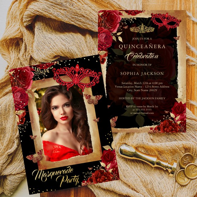 Photo Masquerade Party Quinceanera Red Rose Gold  Foil Invitation (Creator Uploaded)