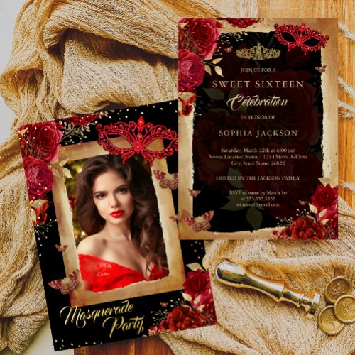 Photo Masquerade Party Sweet Sixteen Red Rose Gold Foil Invitation