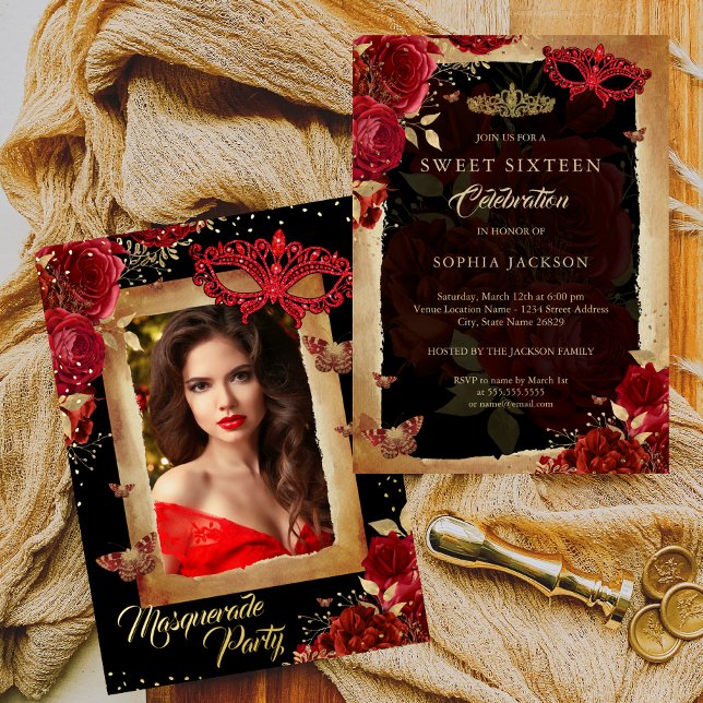 Photo Masquerade Party Sweet Sixteen Red Rose Gold Foil Invitation (Creator Uploaded)