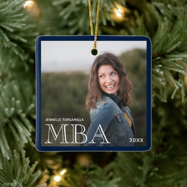 Photo MBA Degree Name Blue Graduation Ceramic Ornament (Tree)