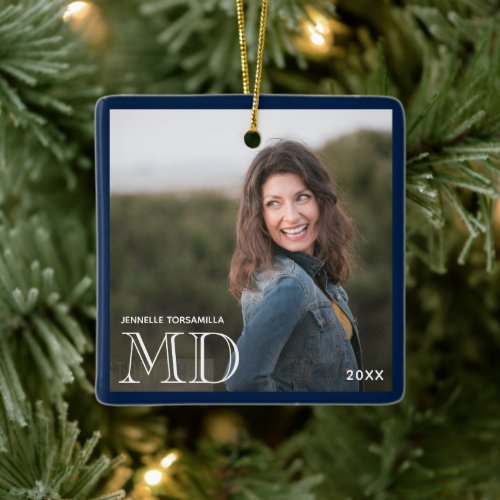 Photo MD Degree Name Blue Graduation Ceramic Ornament