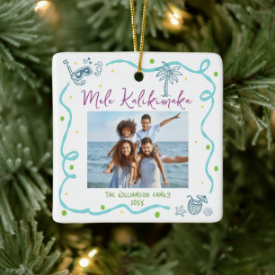 Photo Mele Kalikimaka Blue Purple Doodle Christmas Ceramic Ornament