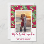 Photo Mele Kalikimaka Christmas Cards<br><div class="desc">Mele Kalikimaka Christmas Photo Holiday Cards. This modern simple holiday card design features a burgundy red hand lettered typography greeting „Mele Kalikimaka” with yellow green tropical floral and leaf pattern on burgundy background. At the backing burgundy color background. You can personalize the design by replacing the sample text and horizontal...</div>