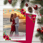 Photo Mele Kalikimaka Christmas Cards<br><div class="desc">Mele Kalikimaka Christmas Photo Holiday Cards. This modern simple holiday card design feature a burgundy red hand lettered typography greeting „Mele Kalikimaka” with red or burgundy tropical floral arrangements at the two corner. At the backing floral arrangements on burgundy color background. You can personalize the design by replacing the sample...</div>
