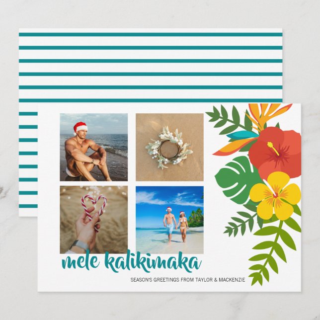 Photo Mele Kalikimaka Flower Personalized Holiday Card (Front/Back)