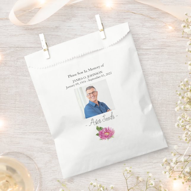 Photo Memorial Aster Seed Funeral Favor Bag (Clipped)