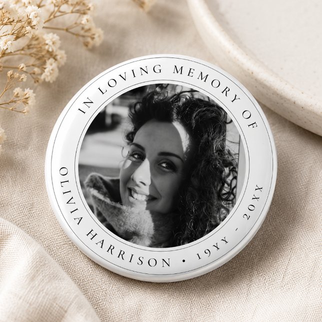 Photo Memorial Button | Funeral Remembrance Pin (Personalized memorial photo button pin with name and dates for funeral keepsakes.)