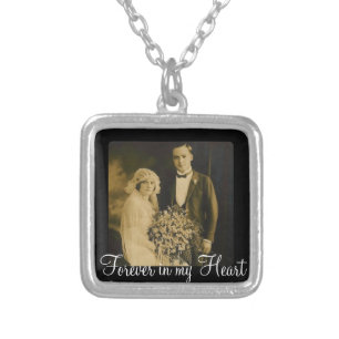 Photo Memorial Charm for Wedding Bouquet in Black Silver Plated Necklace