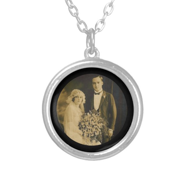 Photo Memorial Charm for Wedding Bouquet in Black Silver Plated Necklace (Front)