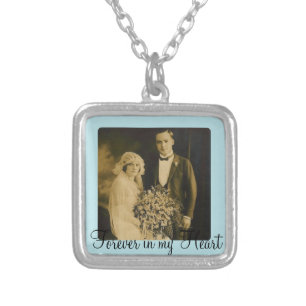 Photo Memorial Charm for Wedding Bouquet in Blue Silver Plated Necklace