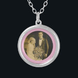 Photo Memorial Charm for Wedding Bouquet in Pink Silver Plated Necklace<br><div class="desc">Wedding Memorial Bouquet Charms. Remember those who cannot be with you on your special day with a memorial bridal charm. A lovely sentimental keepsake for the bride to carry in her bouquet. This charm has a black background with the phrase, "Forever in my Heart" and a place below for your...</div>