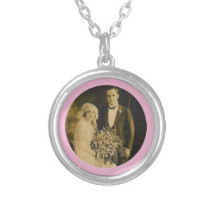 Photo Memorial Charm for Wedding Bouquet in Pink Silver Plated Necklace