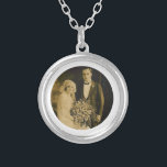 Photo Memorial Charm for Wedding Bouquet in White Silver Plated Necklace<br><div class="desc">Wedding Memorial Bouquet Charms. Remember those who cannot be with you on your special day with a memorial bridal charm. A lovely sentimental keepsake for the bride to carry in her bouquet. This charm has a black background with the phrase, "Forever in my Heart" and a place below for your...</div>