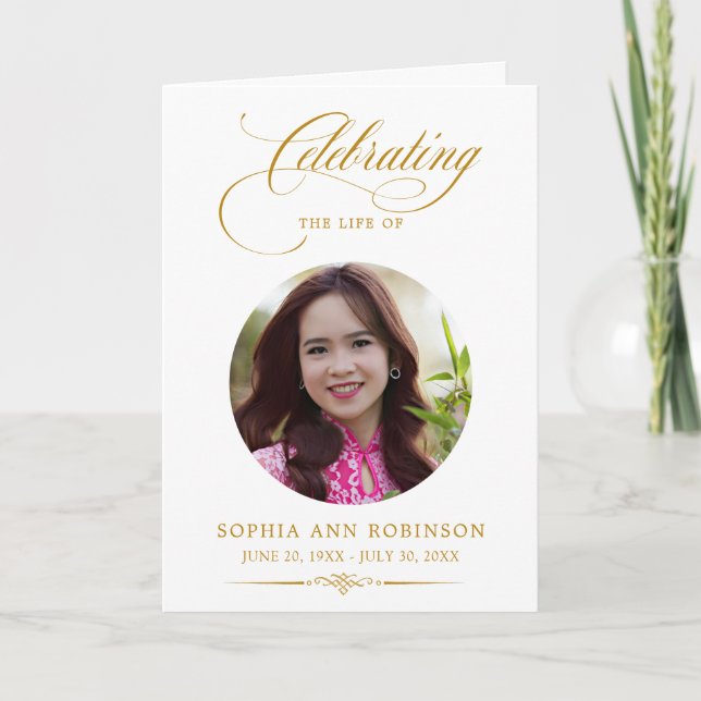 Photo Memorial Elegant Gold Script Funeral Program (Front)