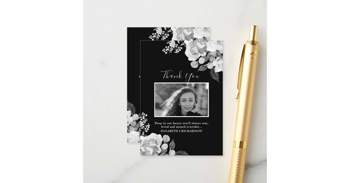 Photo Memorial Floral Black White Thank You Card | Zazzle