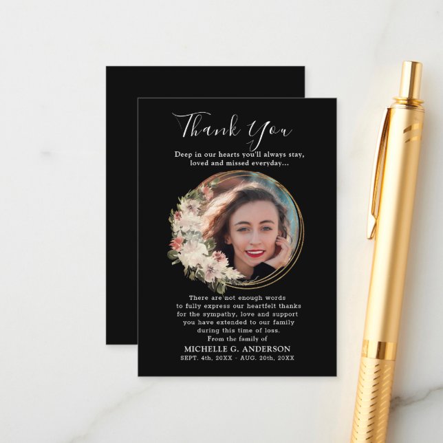 Photo Memorial Floral Golden Wreath Thank You Card (Front/Back In Situ)