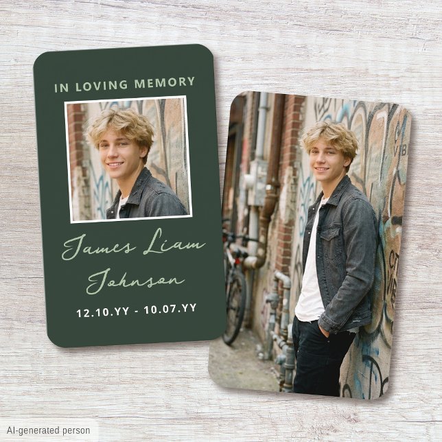 Photo Memorial Funeral Card Modern Script Green (Creator Uploaded)