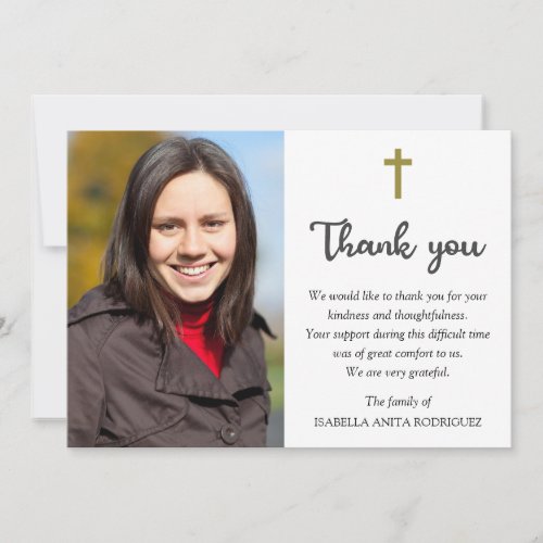 Photo Memorial Funeral Religious Christian Cross Thank You Card