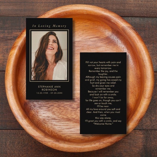 Photo Memorial Gold Script Black Prayer Card (Creator Uploaded)