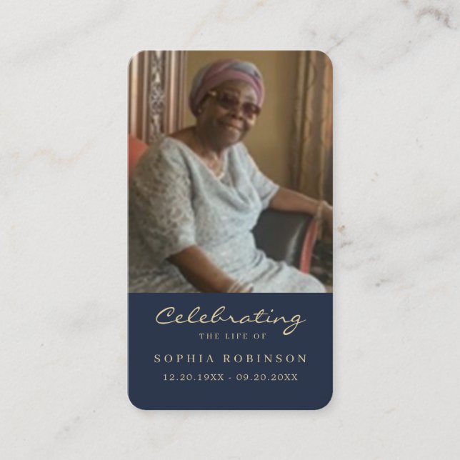 Photo Memorial Gold Script Blue Prayer Card (Front)