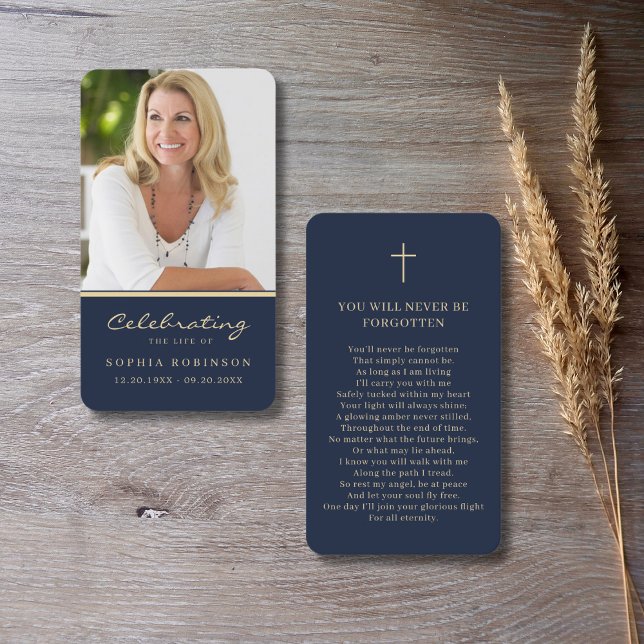Photo Memorial Gold Script Blue Prayer Card (Creator Uploaded)