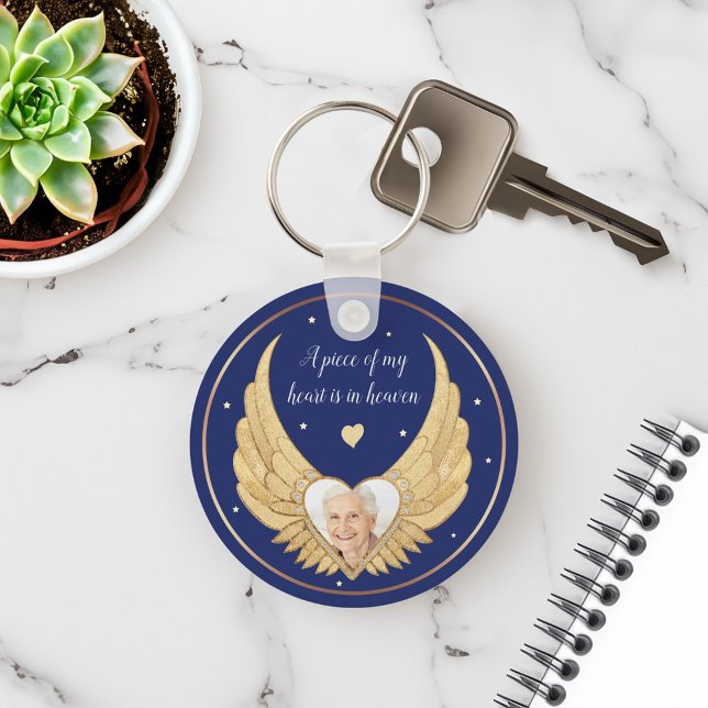Photo Memorial Golden Angel Wings & Custom Message Keychain (Photo Memorial Golden Angel Wings & Custom Message Keychain)