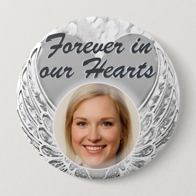 Photo Memorial Heart Angel Wings Button (Front)
