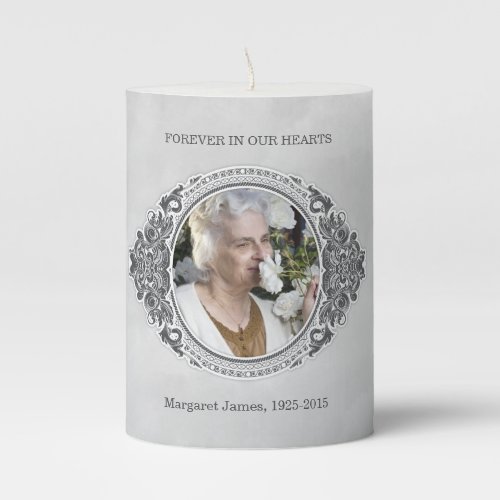 Photo Memorial In Memory of Grey White  Pillar Candle