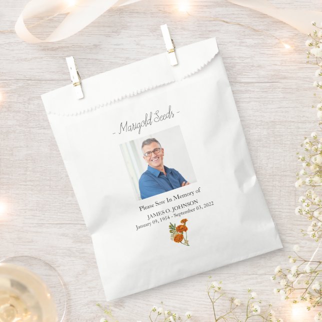 Photo Memorial Marigold Seed Funeral Favor Bag (Clipped)